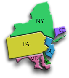 map of New York, Delaware, New Jersey, Connecticut, Maryland, and Pennsylvania