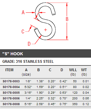 S Hooks (2-Pack) <b>1/8 Mfg#S0178-0003-2</b>